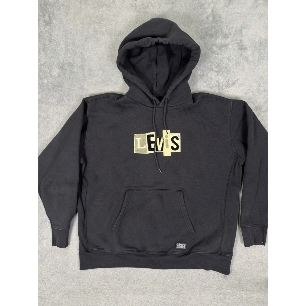 Levis Sweater Mens Large Black Pullover Hoodie Long Sleeve‎ Fleece Heavy